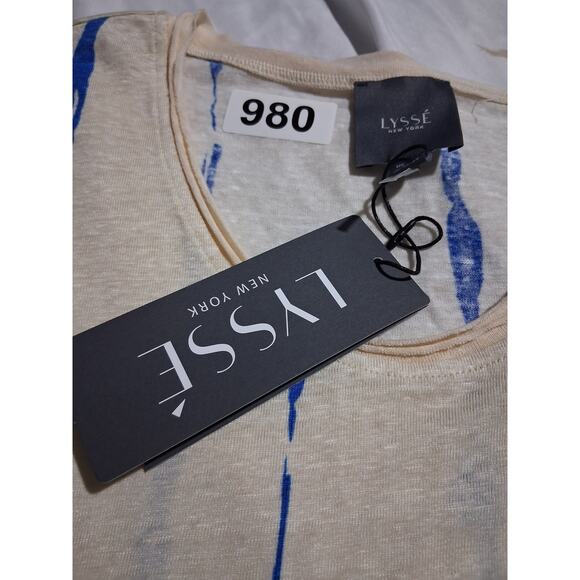 LYSSÉ New York Women's Oversized XS Paint Striped Linen Crew Quiet Luxury Top - Picture 7 of 10